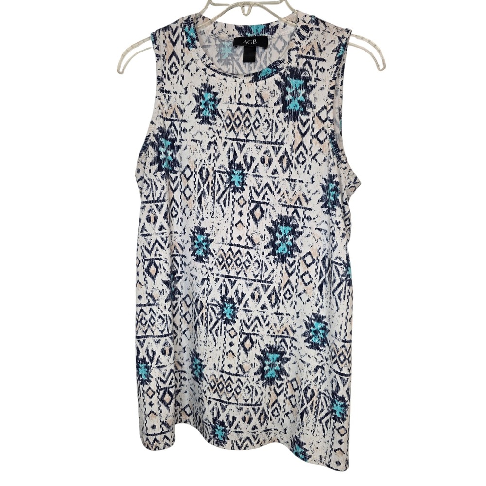 AGB Womens Teal Navy Tribal Ikat Geometric Sleeveless Knit Tank‎ Top Medium